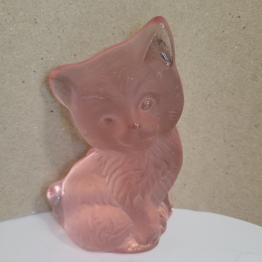 Vtg Viking Glass Pink Frosted Cat Figurine Paperweight